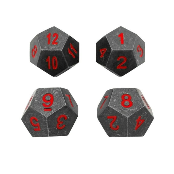 4 Pack of D12 - Butcher's Bill | Gunmetal Gray with Red Numbers Metal Dice -