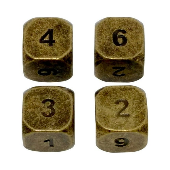 4 Pack of D6 - Gunmetal Gold Color with Black Numbers Metal Dice -