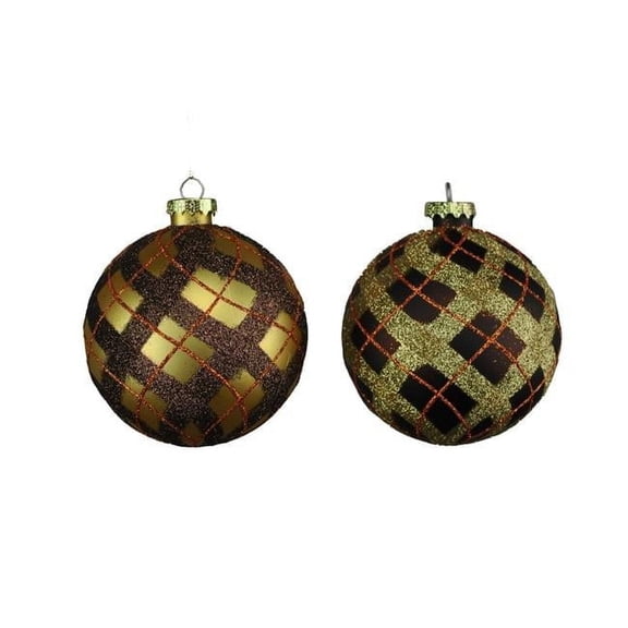 4 Pack of Gold, Brown, and Copper Plaid Ball Ornaments with Glitter Enhancments