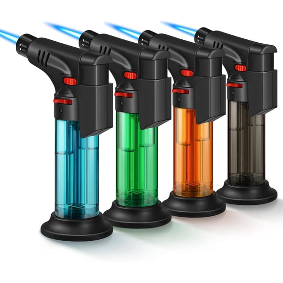 4 Pack of Torch Lighter, Jet Flame, Butane gas, Mini Refillable Windproof Lighters, for candle, fireplace, grill (Gas not Included)