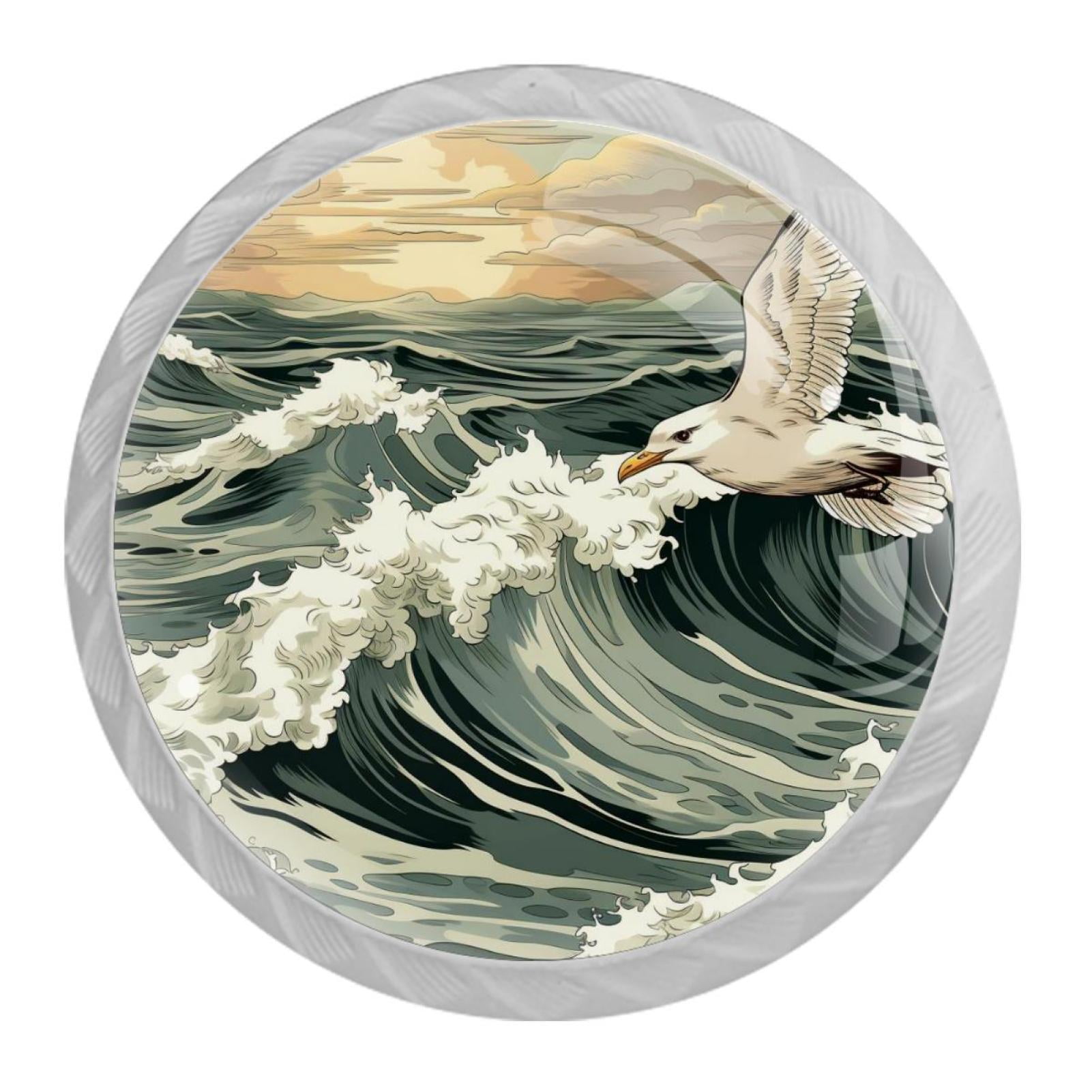 4 Pack the Sea and Seagulls Drawer Knobs Round Shaped Crystal Glass ...