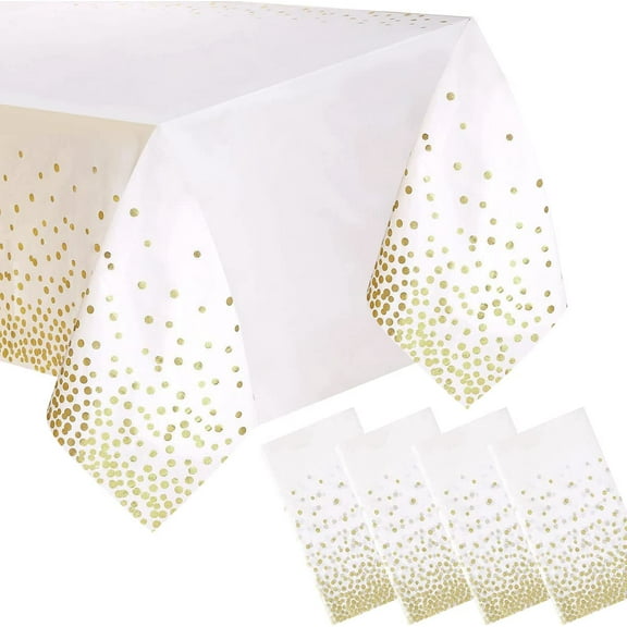 4 Packaging White and Gold Plastic Tablecloth, 54 inch x108 inch Rectangular Disposable dot Party Table Cover, Suitable for Birthday, Graduation, Restaurant, Wedding Decoration Tablecloth