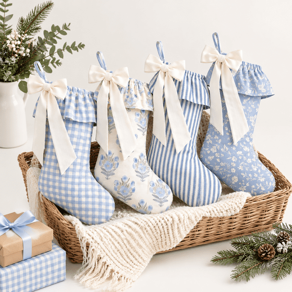 4 Packmas Gingham Flbow Stockings Blue Ruffled Socks