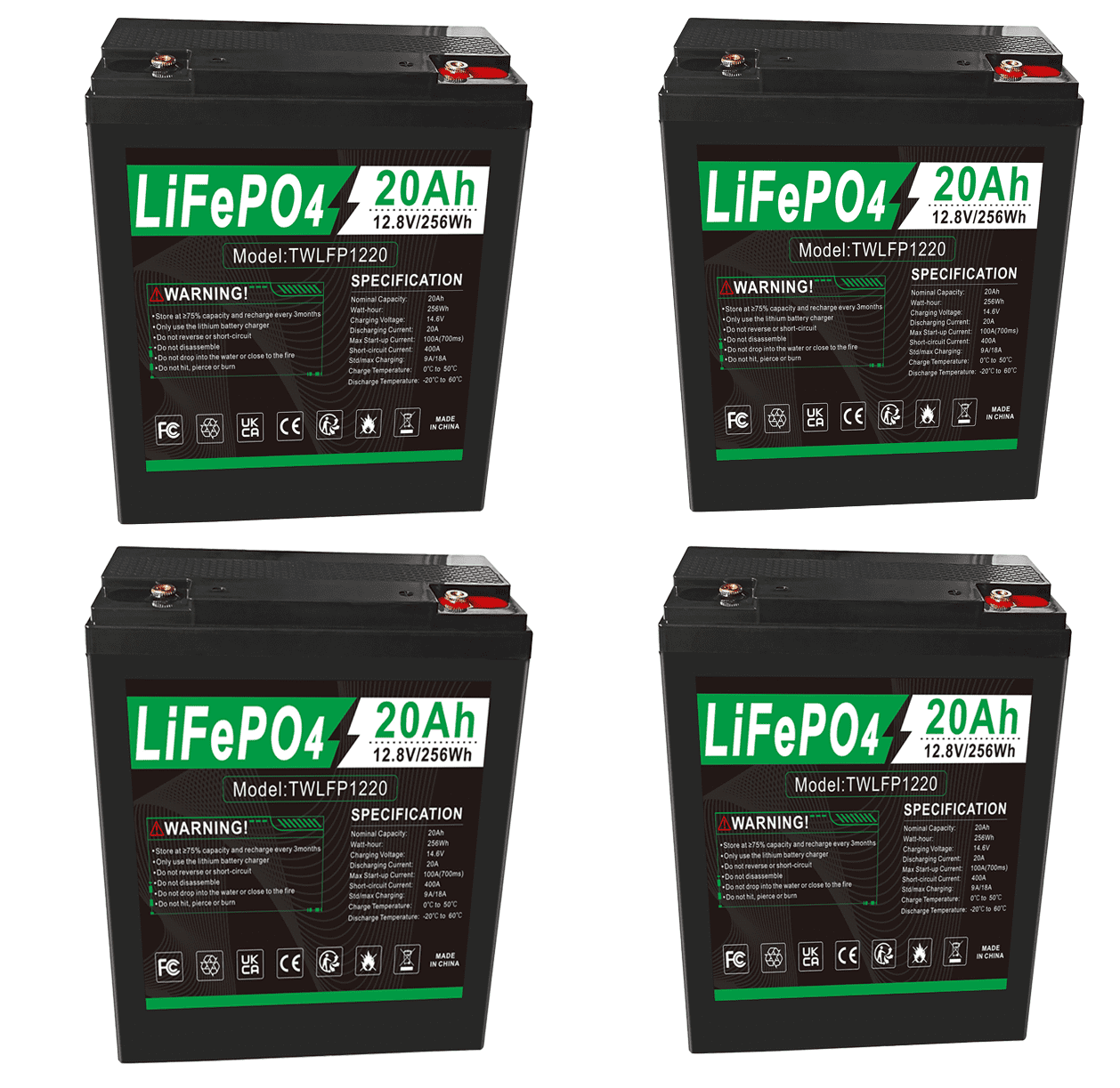 4 Packs 12V 20Ah LiFePO4 Battery, Built-in BMS, 8000+ Deep Cycles ...