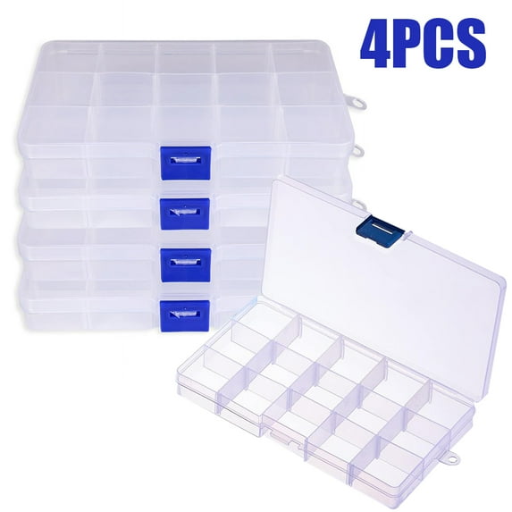 4 Packs 15 Grids Clear Plastic Craft Organizers and Storage, Bead Organizer Jewelry Storage Adjustable Compartments Assortment Box Tool Container for Screw Organizer and Small Parts Organizer