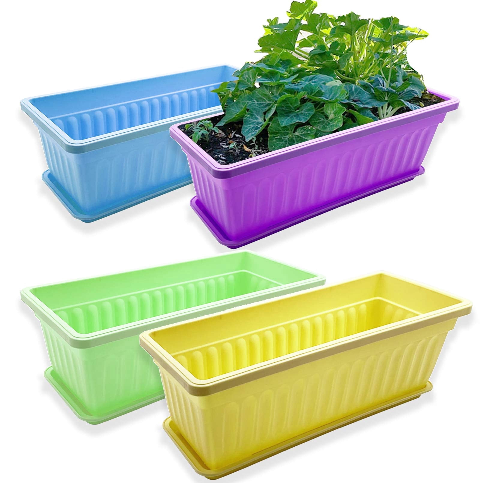 4 Pack 17" Rectangular Window Box Planter with Tray for Balcony Garden Windowsill