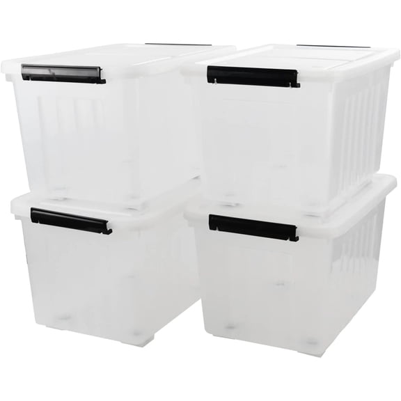 4 Packs 30 L Plastic Storage Box, Clear Bin with Lid and Wheels