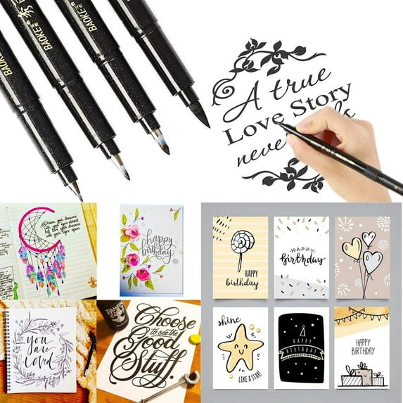 4 Packs 4 Sizes Brush Calligraphy Pens Set Flexible Nibs for Hand Lettering Drawing Art Water-Based Ink Fine Medium Broad Strokes Journaling Card Making Black Marker 4pc