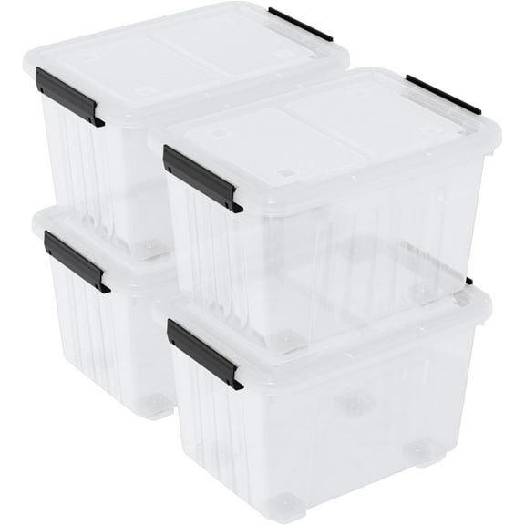 4 Packs 50 L Plastic Latching Box with Wheels, Clear Organizer Containers with Latching Lids for Office and Home Organization