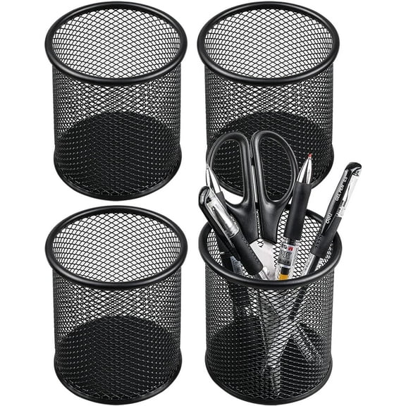 4 Packs/ 6 Packs Mesh Pen Cup Metal Pencil Holder for Desk Office Pen Organizer, Black,3.54x3.93 Inch