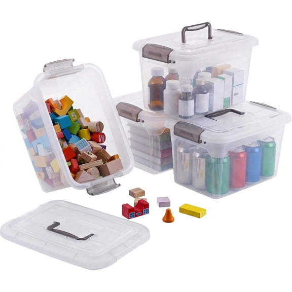 4 Packs 6 QT Storage Bins with Lids Clear Plastic Bins with Grey Handle Stackable Storage Containers for Organizing