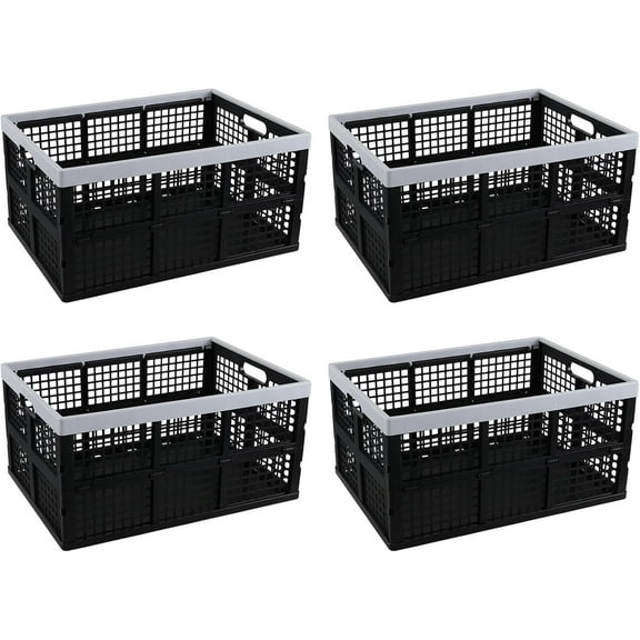 4 Packs 66 L Black Heavy Duty Rectangular Stackable Dairy Milk Crates, Plastic Folding Basket Crates, Large Collapsible Storage Bin