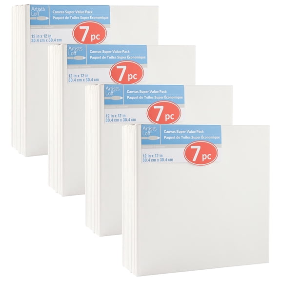 7 Count (28 total) 12” x 12” Super Value Canvas by Artist's Loft Necessities - Acid Free Cotton Canvas for Paint - Acrylic - & Oils - Bulk 4 Pack