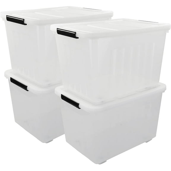 4 Packs 70L Large Plastic Storage Container with Wheels and Latching Lid, Stackable Storage Containers Bin, Clear