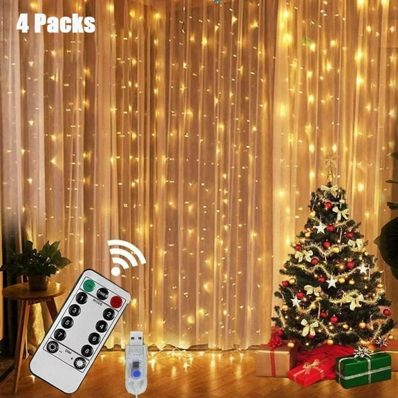 4 Packs 9.9 x 9.9ft Window Curtain String Lights, 8 Modes Fairy Lights USB Remote Control Lights for Christmas Bedroom Party Wedding Home Garden Wall Decorations