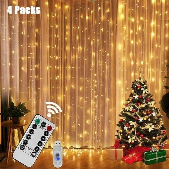 4 Packs 9.9 x 9.9ft Window Curtain String Lights, 8 Modes Fairy Lights USB Remote Control Lights for Christmas Bedroom Party Wedding Home Garden Wall Decorations
