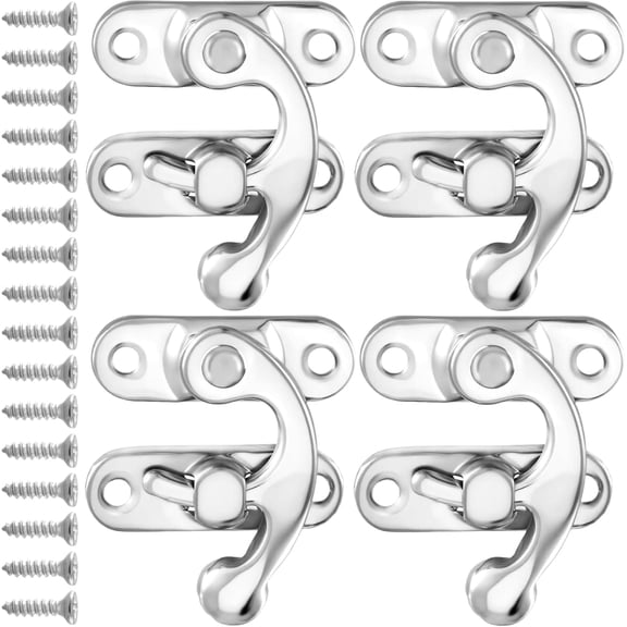 4 Packs Antique Hook Hasp Latch, Vintage Lock Clasp Right Latch with 16pcs Screws, Mini Swing Arm Bag Clasp Closure Hardware for Furniture, Jewelry Box, Wooden Case - Silver