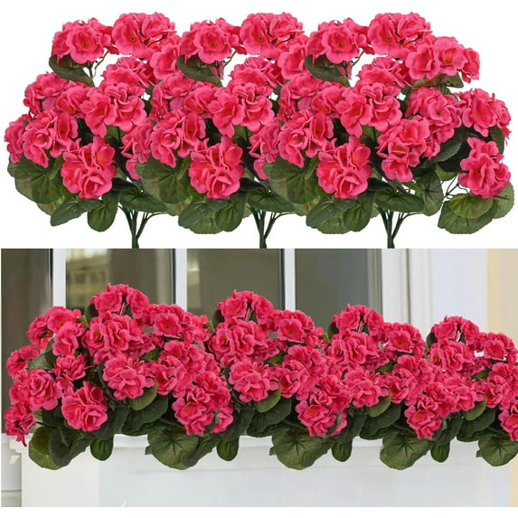 4 Packs Artificial Flowers for Outdoor 14'' Red Geranium Silk Flowers UV Resistant Garden Plants Bush Faux Flowers for Home Wedding Kitchen Table Centerpieces Grave Cemetary Vase Decor