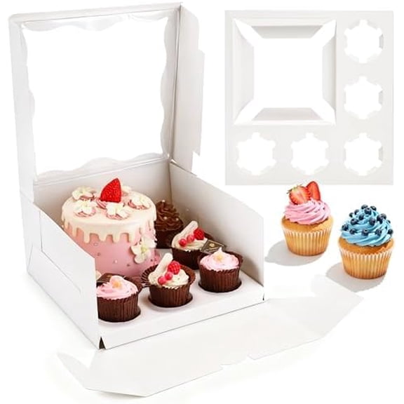 4 Packs Bento Cake Box with Cupcakes, 1+5 Cupcake Box Combo with Clear Window,Fit 5 Cupcakex and 1 Mini Cake for Wedding Birthday Party Baby Shower Baking Supplies