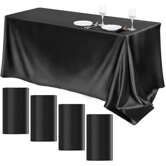 4 Packs Black Satin Tablecloth 102 x 58 Inch Overlay Satin Table Cover Rectangle Bright Silk Tablecloth Smooth Fabric Table Decoration for Wedding Banquet Party Events