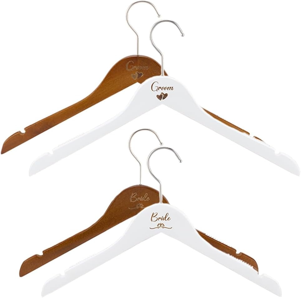 4 Packs Bride and Groom Hanger 7.7x17.6inches White Coconut Brown Wood Wedding Hanger with Iron Hook Wedding Dress Hanger Set for Hanging Bride's Dress and Groom's Suit DIY
