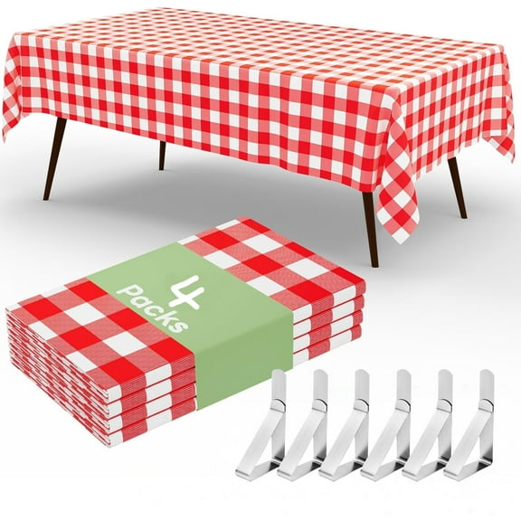 4 Packs Buffalo Disposable Table Cloth, 54 x 108 Inch Waterproof Plastic Tablecloth with 6 Matching Tablecloth Clips, Rectangle Red and White Checkered Table Covers for Picnic, Birthday, Party