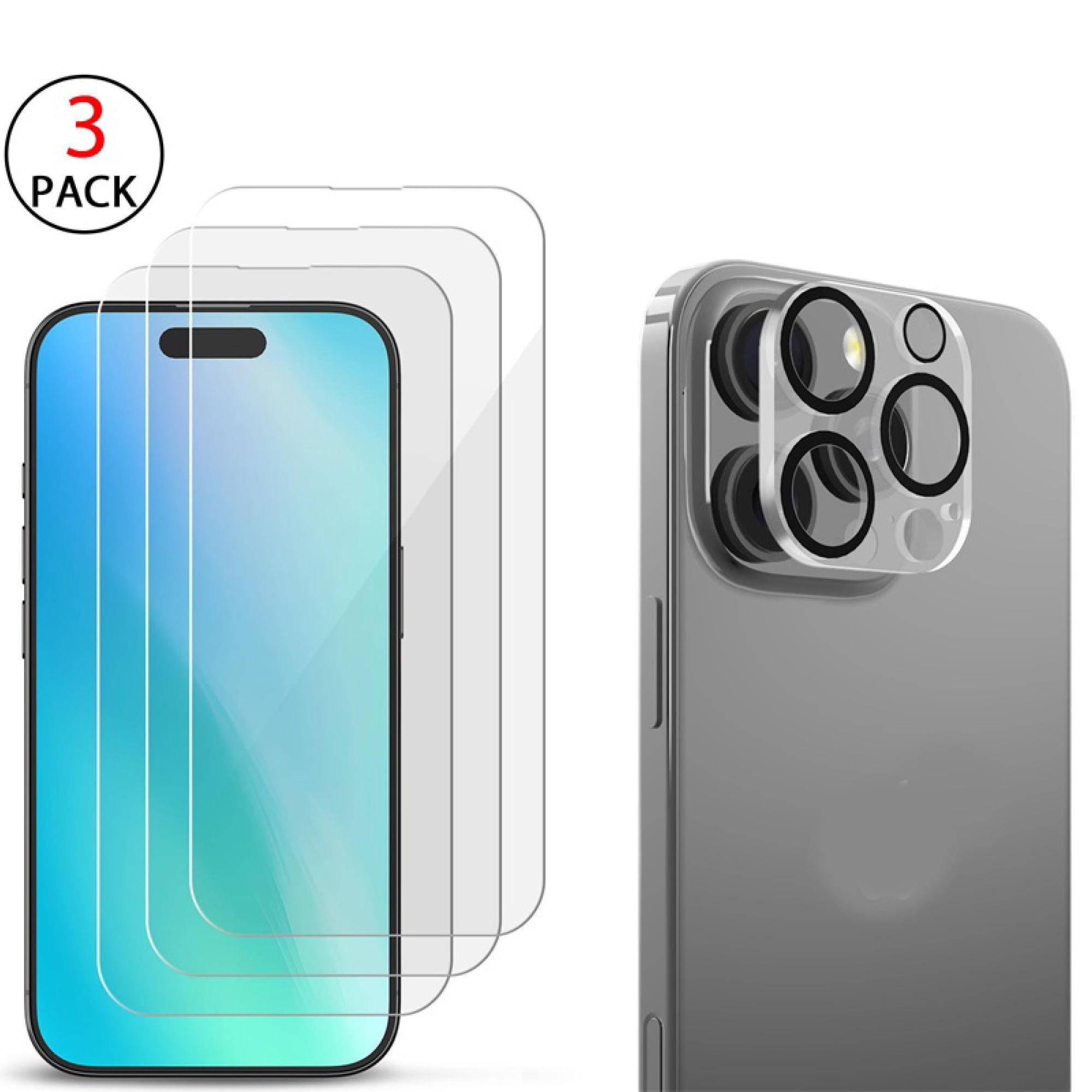 4 Packs Bundle for iPhone 16 Pro Screen Protector 3-Pack + Camera Lens Protector – 2.5D Tempered Glass Combo, Clear