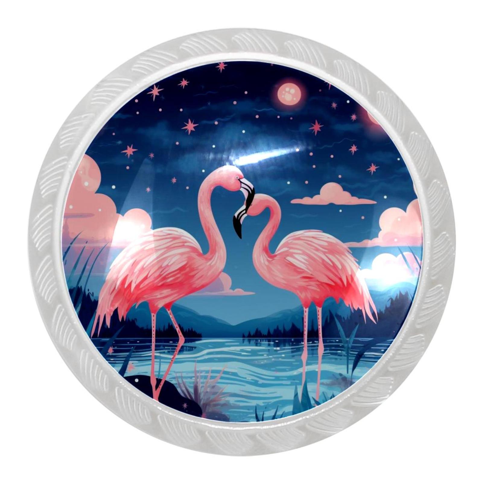 4 Packs Knobs, Starry Sky Flamingo Round Dresser Drawer Handle