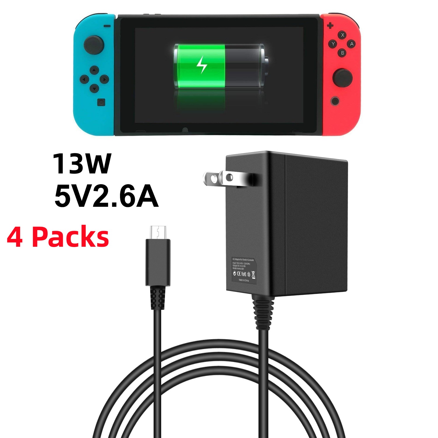 Universal USB-C 5V 2.6A 13W AC Charger – 6ft Cable, Works With Nintendo Switch