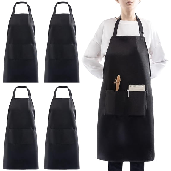 4 Packs Chef Apron, Black Waterproof Apron, Adjustable Aprons with 2 Pockets for Men Women, Professional Aprons for Kitchen Cooking Gardening Painting Baking Restaurant (Black)