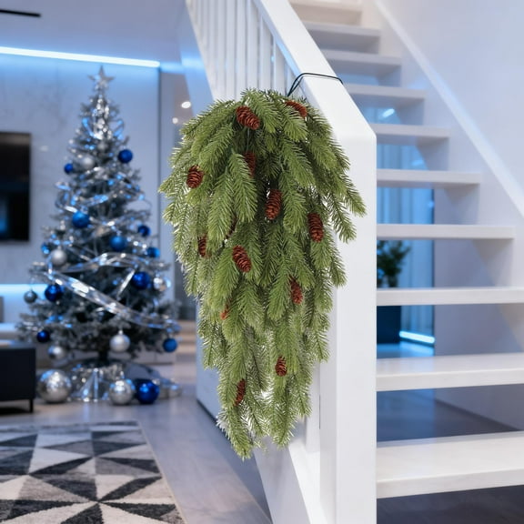 4 Packs Christmas Teardrop Swags with Pine Cone 30" Rustic Artificial Pine Greenery Teardrop Wreath for Holiday Front Door Stair Mantle Fireplace Wall Indoor Outdoor Decor