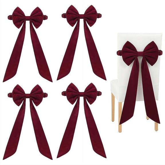 4 Packs Christmas Velvet Chair Sashes, Elastic Sashes Chair Bows, for Christmas Banquet Home Wedding Events Banquets Party Decoration