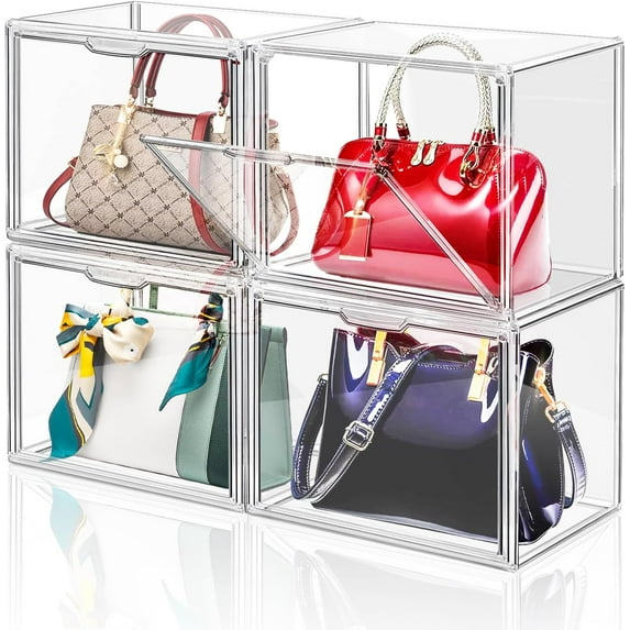 4 Packs Clear Plastic Handbag Storage Organizer for Closet, Large Acrylic Display Box forPurse and Handbag, Stackable Storage Boxes Bag Organizer with Magnetic Door for Purse Clutch Wallet Book