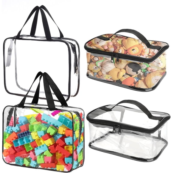 4 Packs Clear Storage Bags, 2 Sizes PVC Reusable Storage Organizer with Zippers, Waterproof Board Game Storage Case Travel Cosmetic Bag for Puzzles, Building Stationery, Makeup (Black)