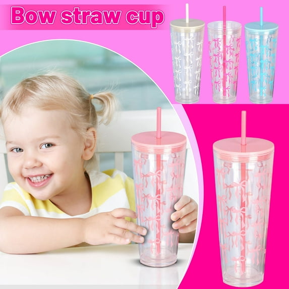 4-Packs Colorful Bow Plastic Cups with Lids and Straws 24 oz Reusable Coquette Bow Tumbler Aesthetic Drinking Coffee Cup for Women Birthday Wedding Bridal Shower Party Supplies