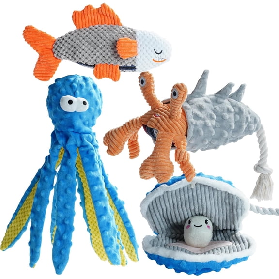 4 Packs Crinkle Squeaky Dog Toys for Aggressive Chewers, Tough Durable Stuffed Plush Rope Tug Puppy Chew Toy for Small Medium Large Breeds