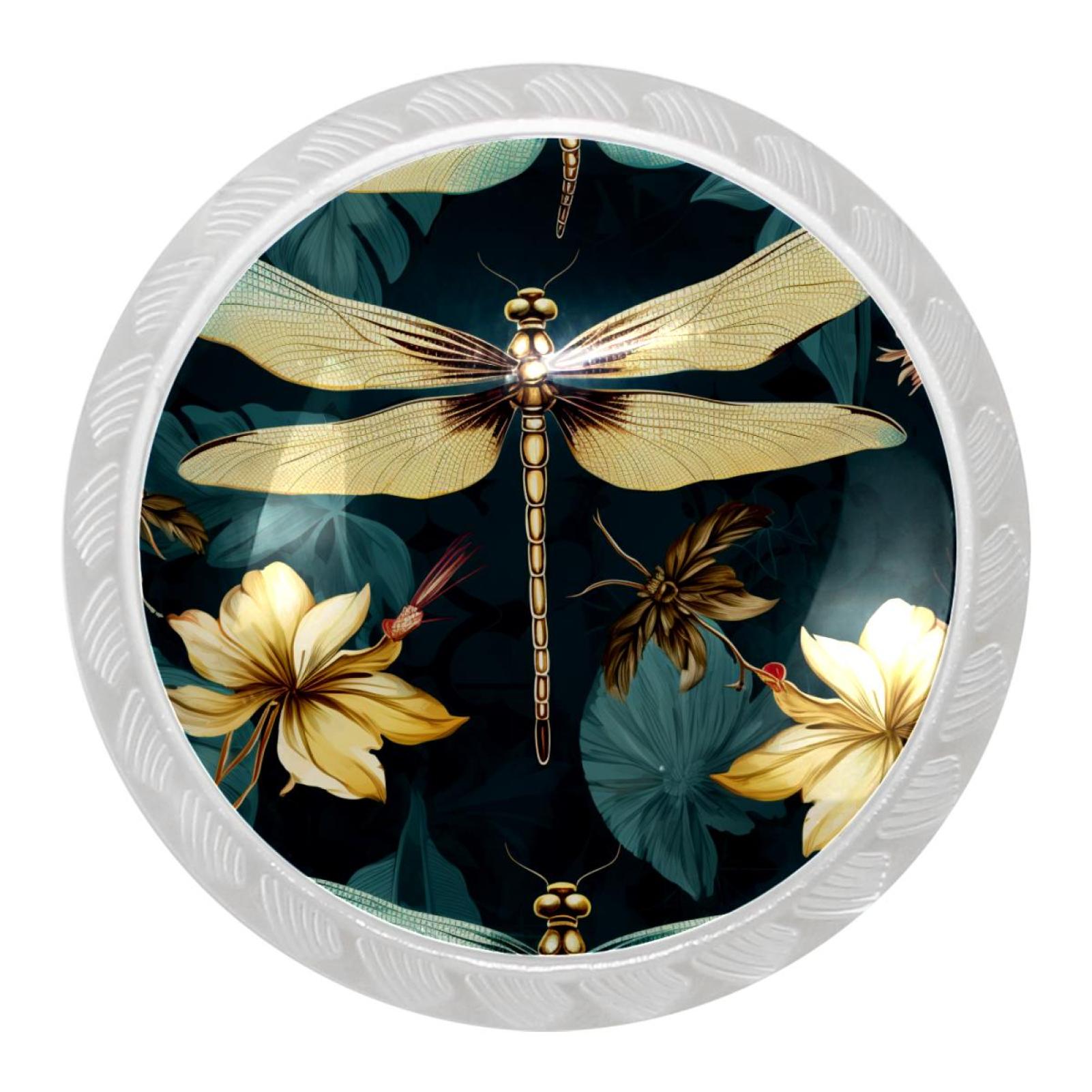 4 Packs Crystal Glass Dresser Knobs, Dragonfly Mushroom Shape