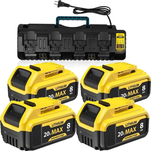 4 Packs DCB206 8.0Ah Replacement for DW 20V Battery and DCB104 4-Port Charger Compatible with 20V Battery Lithium Ion DCB200 DCB201 DCB203 Series Power Tool