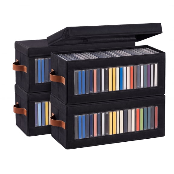 4 Packs DVD Storage Box with Visible Window Hard Shell CD Storage Holder Organizer with Handles Holds up to 104 Cases, CD Holder for Blu-Ray DVD Case