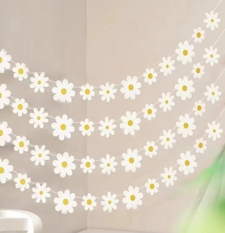 4 Packs Daisy Banner Garland Groovy Hippie Boho Birthday Decor Party Decoration Spring Flower Hanging Paper Cutouts for Girl Supplies