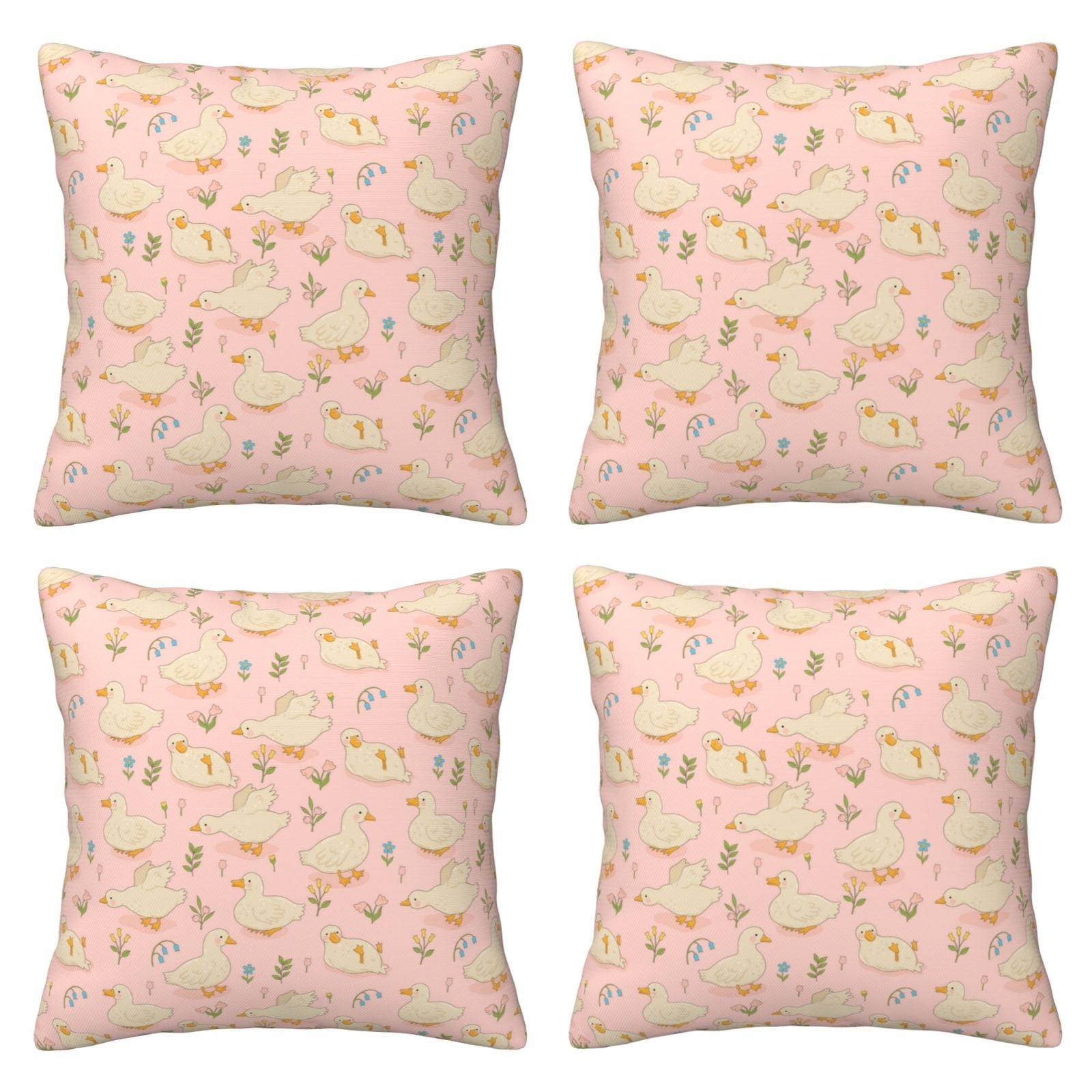 4 Packs Decorative Throw Pillow Covers, Cartoon Cute Duck Flower Pink
