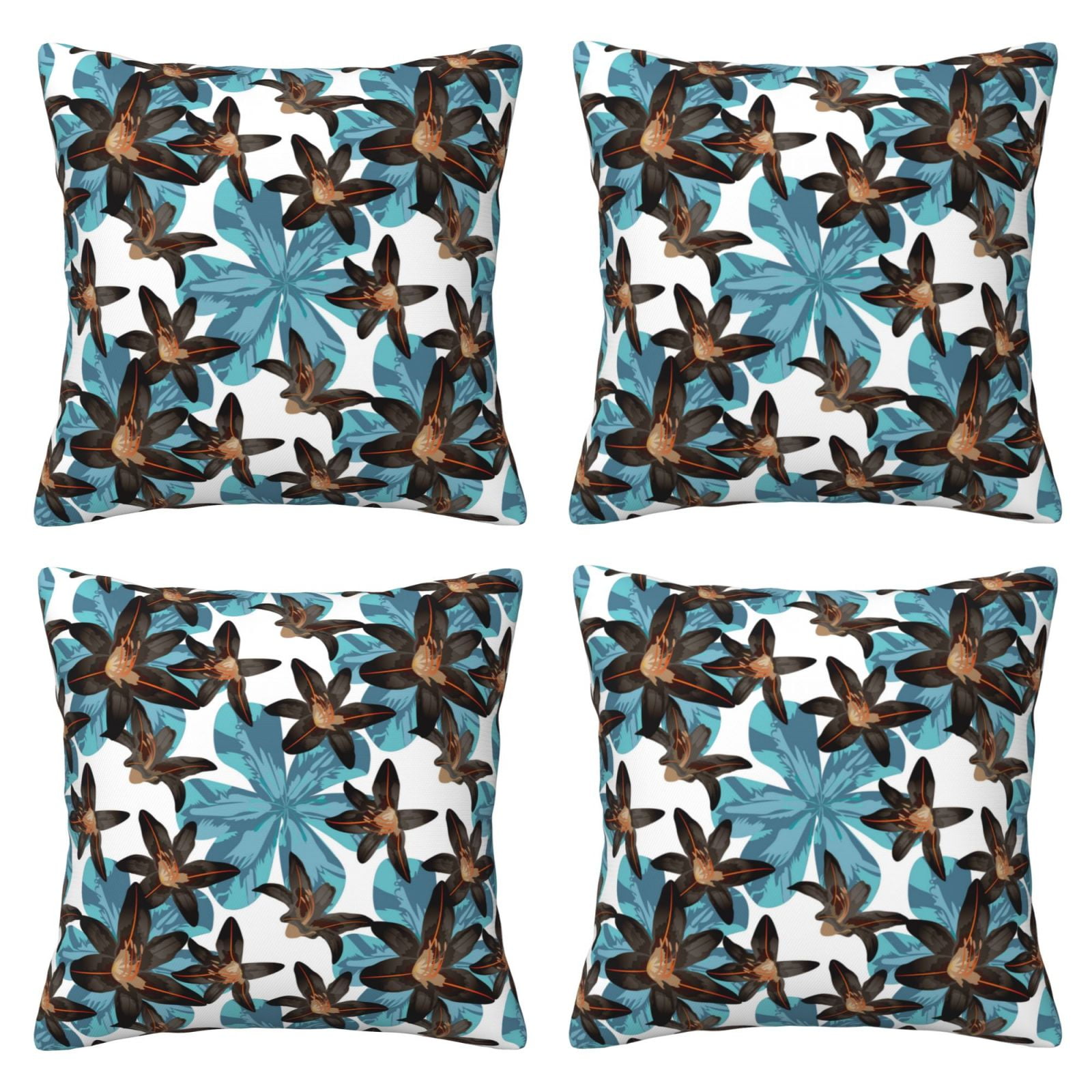 4 Packs Decorative Throw Pillow Covers, Dark Brown Lilies Flowers