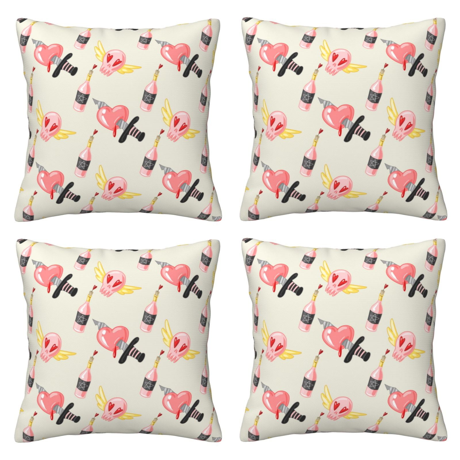 4 Packs Decorative Throw Pillow Covers, Pink Heart Skull Wine Bottle
