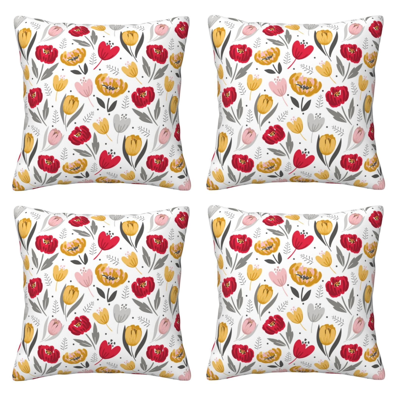 4 Packs Decorative Throw Pillow Covers, Tulips Flowers Red Yellow