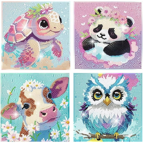 4 Packs Diamond Art Kits for Kids,DIY Cartoon Animals Diamond Arts Mosaic Kits for Kids Beginner,5D Full Drill Painting Kits Ages 6-12 Kids' Mosaic Kits for Home Wall Decor 6X6 inc