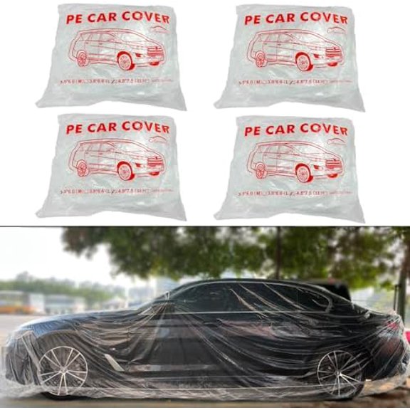 4 Packs Disposable Car Cover Clear Plastic Car Cover Universal Rain Dust Garage Cover with Elastic Band Medium (12.4 FT x 21.6 FT)