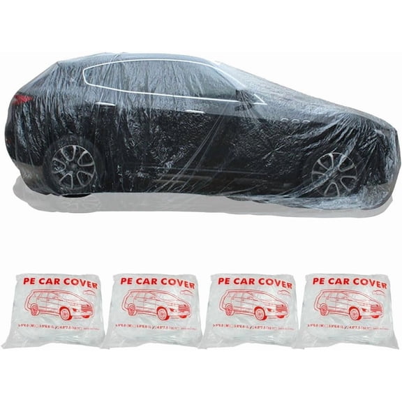 4 Packs Disposable Car Cover Clear Plastic Universal Rain Dust Garage with Elastic Band Medium (12 ft x 22 ft)