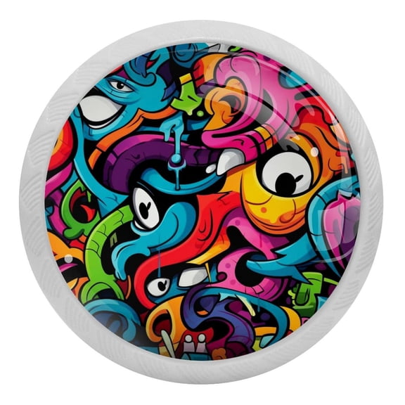 4 Packs Doodles Art Painted Fluorescence Crystal Glass Cabinet Knobs Drawer Handles for Kitchen Cabinets Dresser Cupboard Wardrobe Pulls Handles