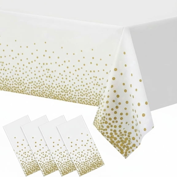 4 Packs Dot Disposable Table Cloth, 54 x 108 Inch Waterproof Plastic Tablecloth, Rectangle Gold Dots in White Table Covers for Easter, Picnic, Birthday, Party