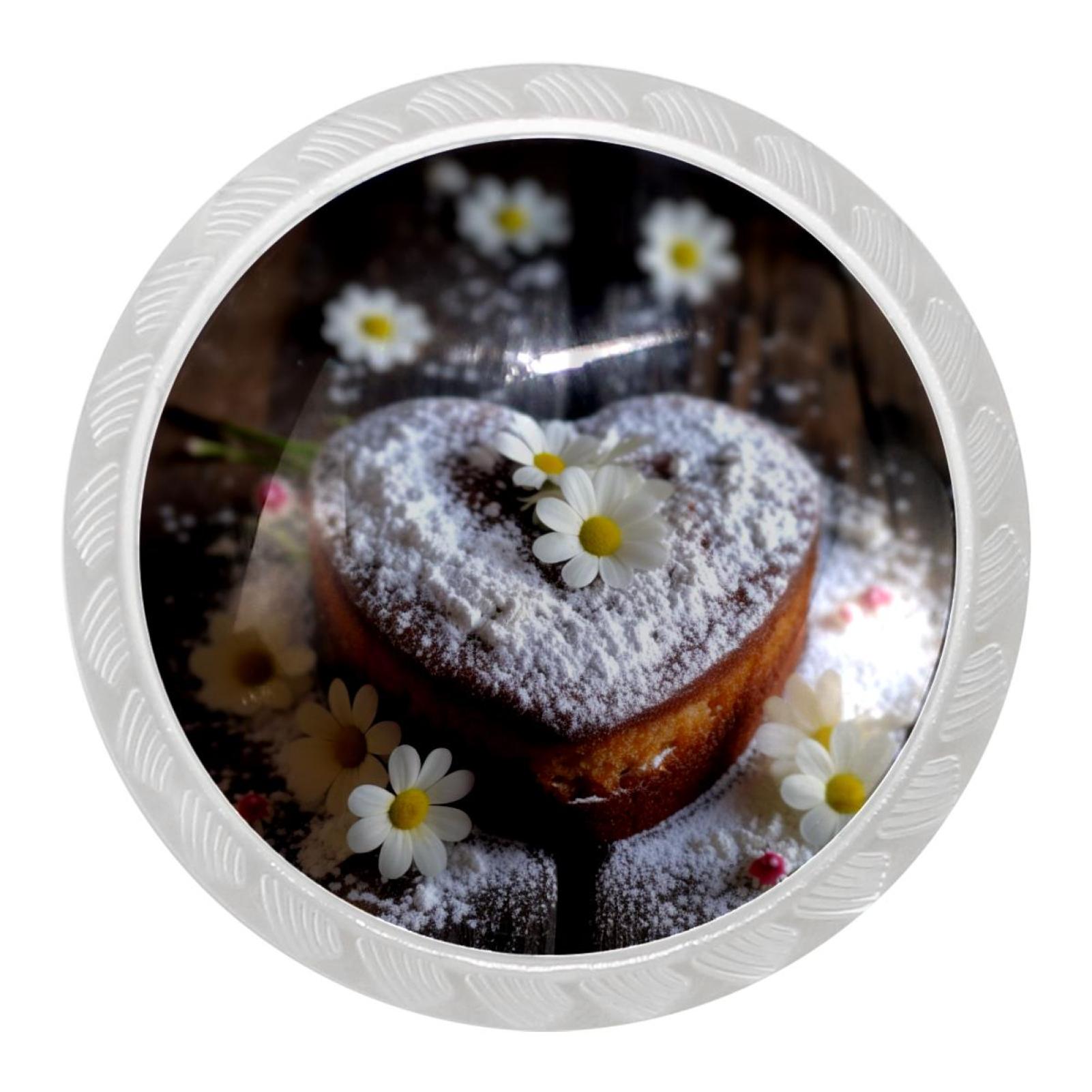 4 Packs Drawer Knobs, 35mm White Knobs, Daisy with Heart Cake